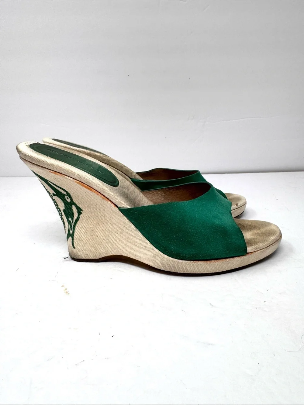 DKNY green suede peep toe wedges, made in Italy, size 8.5